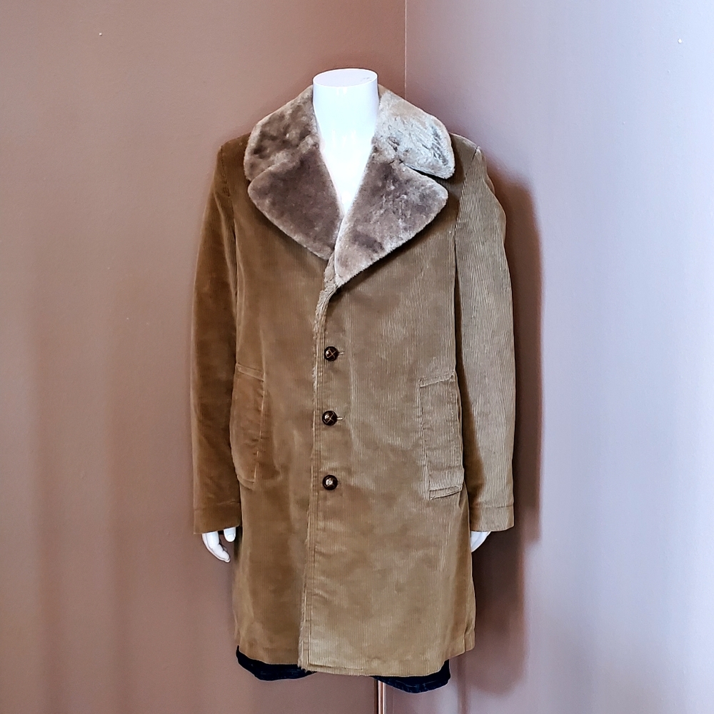 Vtg LONDON FOG olive wide wale cord overcoat with plush lining L